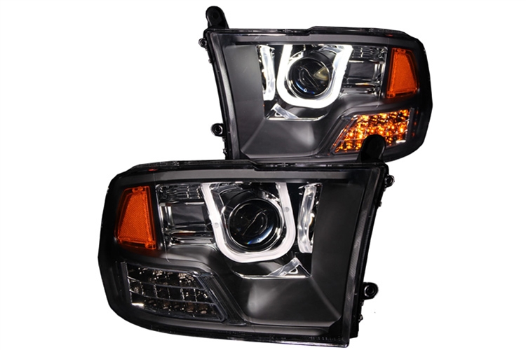 Black U-Bar Style LED Halo Headlights 09-18 DODGE RAM - Click Image to Close